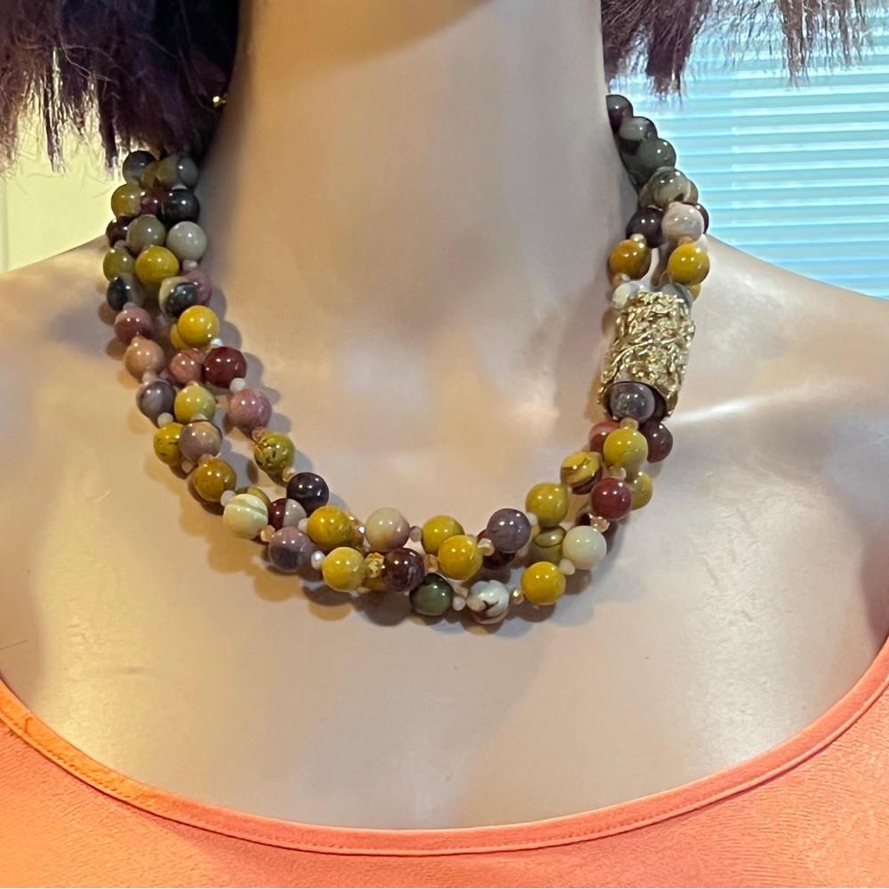 Natural Mookaite Gold/Multiple Color Stone Beads Smooth Round Gemstone Necklace.
